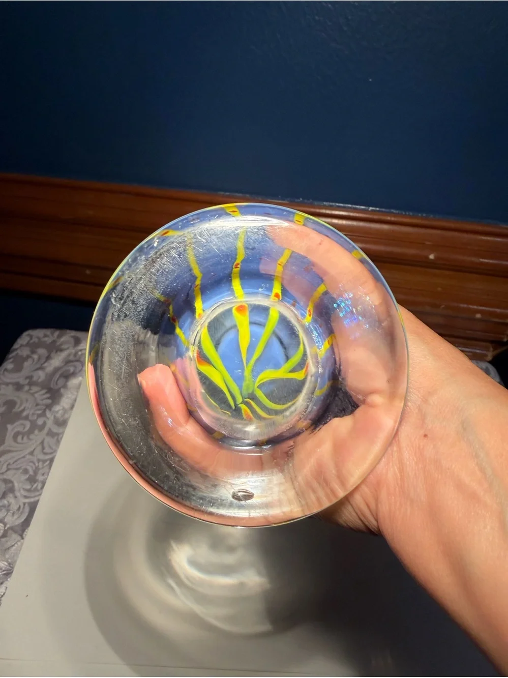 Vibrant Murano Style blue hand-blown art glass vase. Blue Yellow Red Stripes